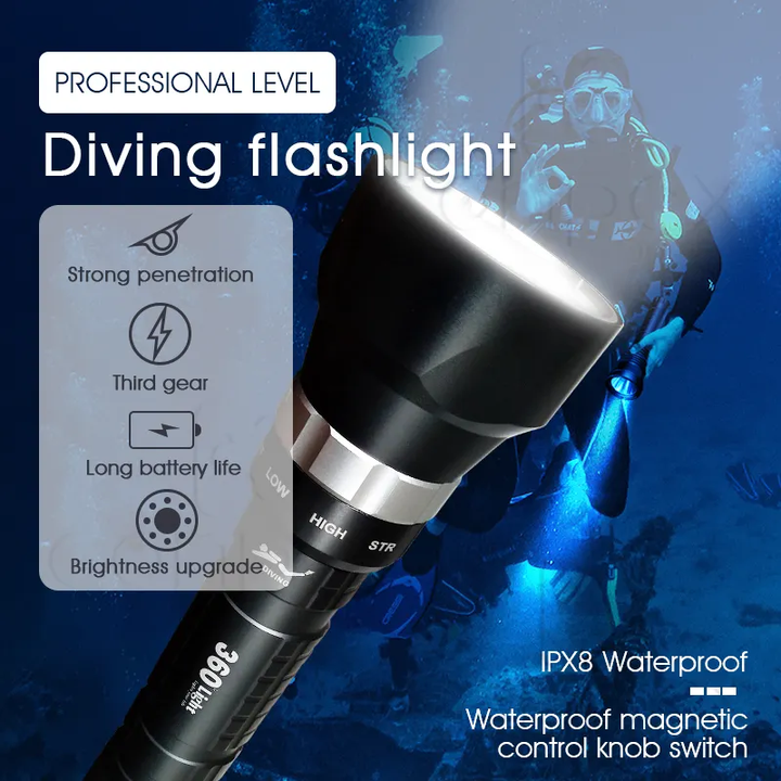 Professional USB Rechargeable Diving Flashlight – IPX8 Waterproof Hand Torch with 3600 Lumens and Magnetic Control