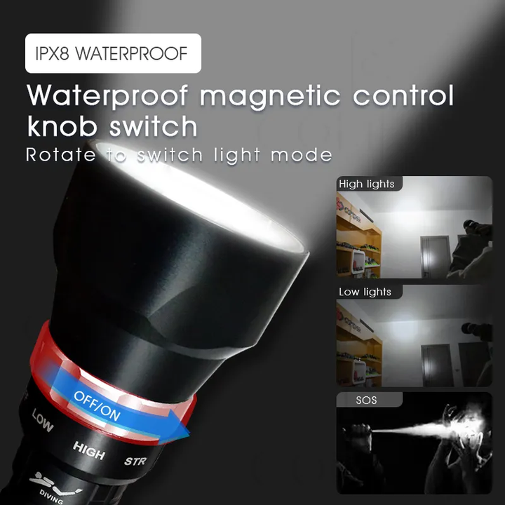 Professional USB Rechargeable Diving Flashlight – IPX8 Waterproof Hand Torch with 3600 Lumens and Magnetic Control