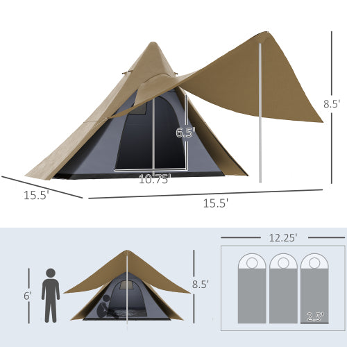 15.4ft Teepee Tent – Waterproof 2–3 Person Camping Tent with Porch, Floor & Carry Bag for Backpacking & Hiking