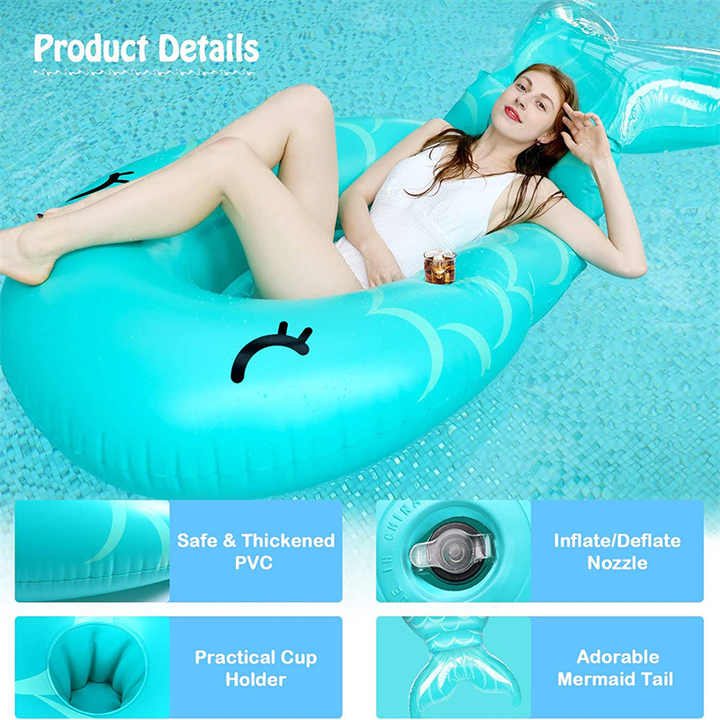 Mermaid Tail Inflatable Pool Raft – Durable Blue PVC Float for Swimming Season Fun